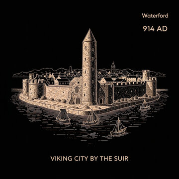 An engraved aesthetic rendering depicts the historic foundation of Waterford in Ireland during the year nine hundred fourteen as ancient ships navigate the currents of the famous river Suir