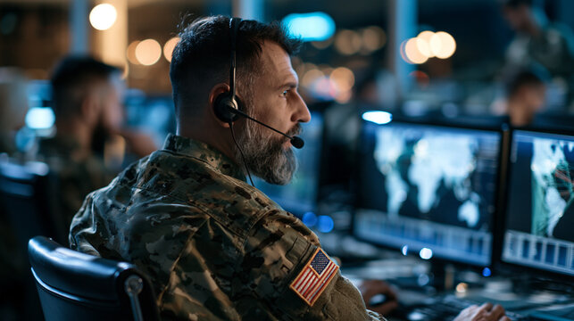 Military cyber operations command center rear three quarter view of an american soldier with a headset and an american flag patch on the shoulder at monitors with world maps and network