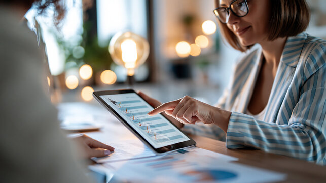 Businesswoman reviewing a digital checklist and budget reports for an accounting audit over the shoulder view of a european woman with a tablet showing check marks beside printed reports