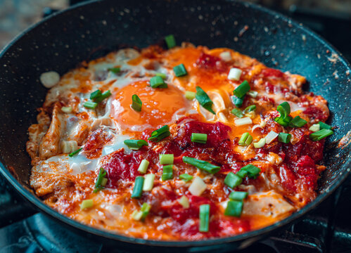 A sizzling pan of shakshuka features vibrant tomato sauce and perfectly cooked eggs, topped with fresh green onions. This traditional dish offers a savory and spicy breakfast option.