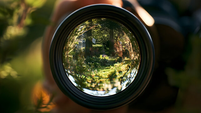 Binocular Lens Magnified Reflecting A Garden Scene