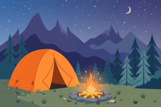 Camping tent and campfire under starry night sky in mountains, flat vector illustration