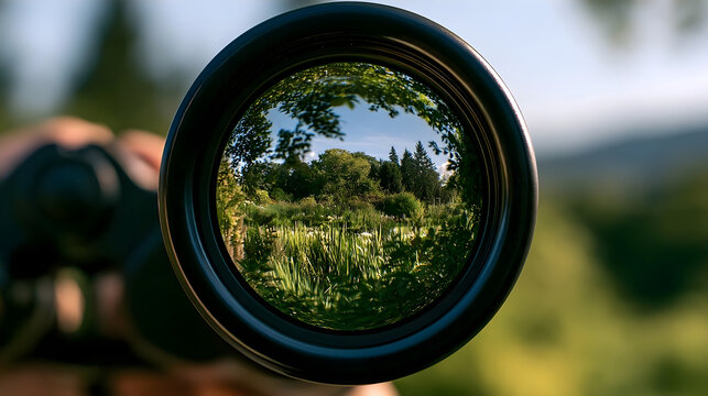 Binocular Lens Magnified Reflecting A Garden Scene