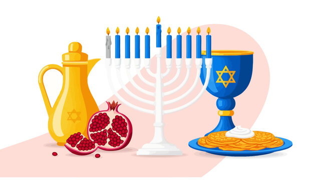 Festive Hanukkah Celebration featuring a flat vector illustration of a menorah, golden oil jug, Kiddush cup, pomegranate, and latkes. Ideal for Jewish holiday greeting cards and educational materials.