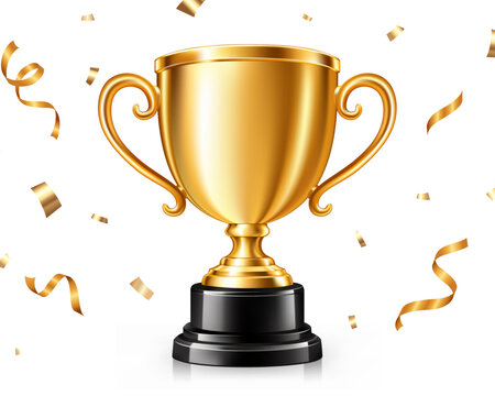 Blank golden trophy cup vector icon with confetti isolated on white background for victory award