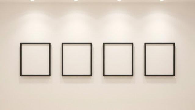 Four empty black square frames aligned on light beige wall with soft overhead illumination.