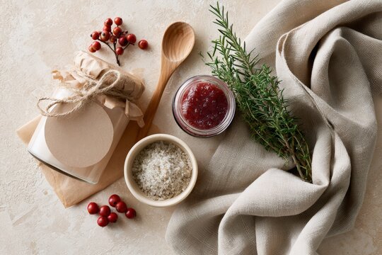 Flatlay of artisan jam jar with wrapped gift salt bowl wooden spoon and fresh herbs for farmcore food styling and packaging background