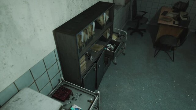 Interior of a dark medical room featuring a tall storage cabinet filled with files, a metal utility cart, a desk, and chairs in a sterile indoor setting.
