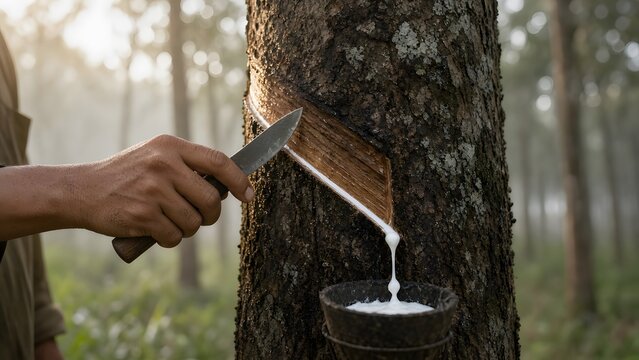 Farmer hand cutting rubber tree bark with a tapping knife as white latex drips into a cup