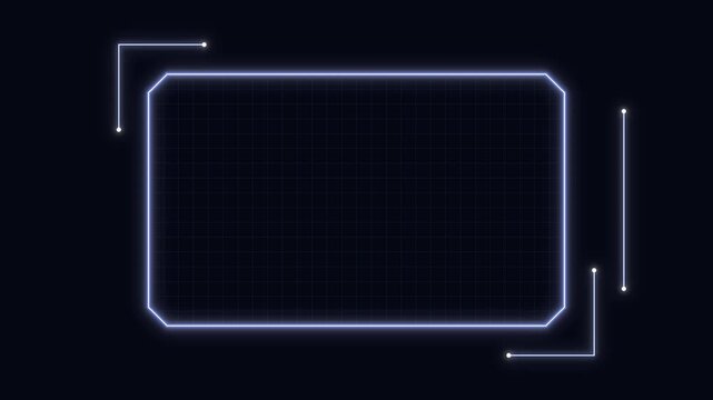 Futuristic glowing blue sci fi HUD border frame interface on dark background with grid