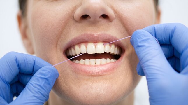 dentist flossing between the bright white front teeth of an adult woman in a symmetrical close up oral care photograph