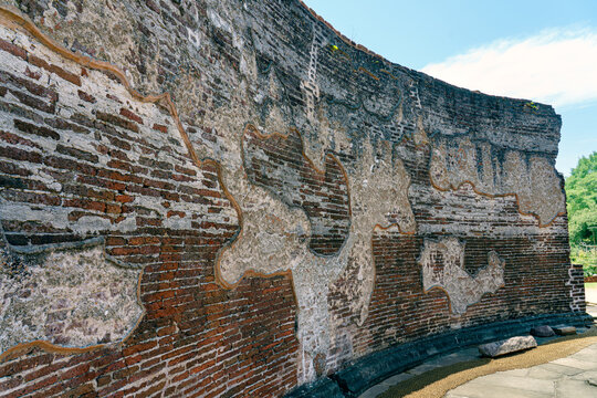Curved Weathered Brick Wall at Dalada Maluva, Polonnaruwa, Sri Lanka