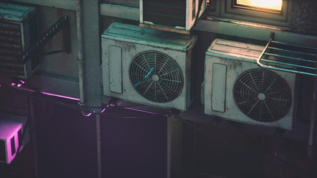 Several weathered air conditioning compressors and units installed on the outside wall of a city building under dim lighting conditions at night