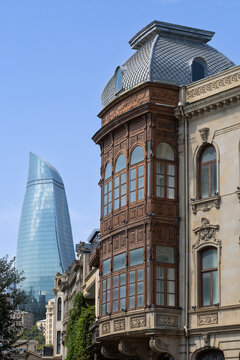Baku old city and flame towers