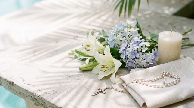 Pearl rosary with cross, fresh white lilies, and light blue hydrangeas arranged on a stone surface