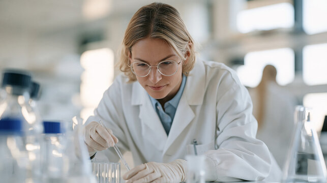 Laboratory specialist assessing the recyclability of multilayer flexible food packaging, packaging material science, flexible film recycling, circular economy, polymer separation,