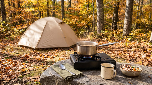 Camping setup with cooking pot on outdoor stove and warm beverage in serene autumn landscape. Cozy camping scene features tent surrounded by colorful fall foliage and hearty meal in bowl.