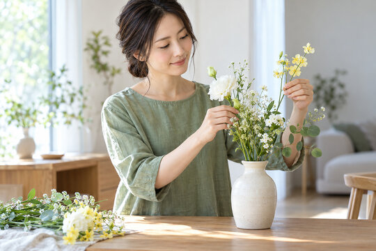 明るい部屋で白と黄色の花を花瓶に生ける女性