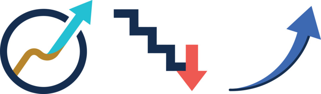 Business growth and economic decline vector infographic icons featuring upward trend charts and downward staircase arrows