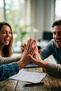Business team celebrating success with a high five