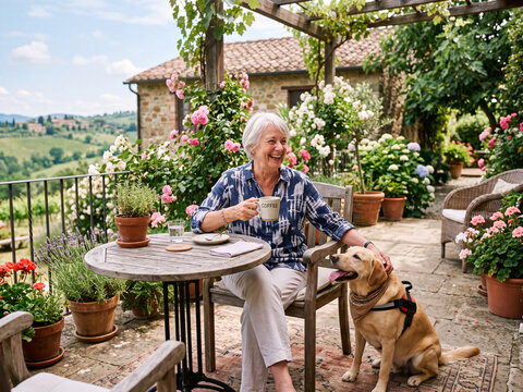 A senior woman standing outdoors on a terrace in summer, doing exercise.