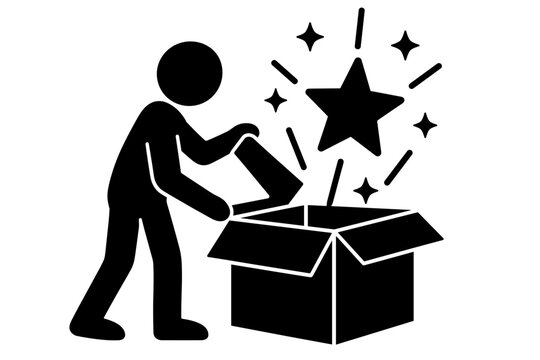 Stick Figure Opening Box with Emerging Star Symbolizing New Ideas