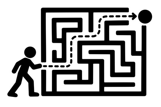 Stick Figure Navigating a Maze Toward the Exit Using a Dotted Route