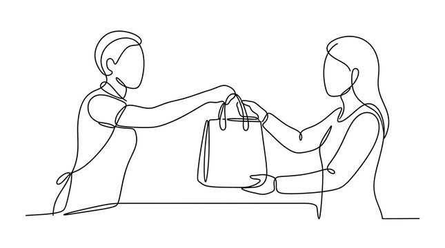 Continuous Line Drawing of Customer Receiving Shopping Bag from Seller