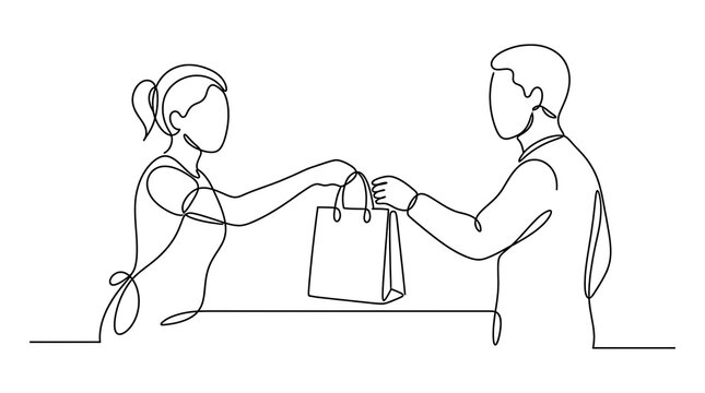 Minimalist Line Art of Retail Seller Handing Purchase to Customer