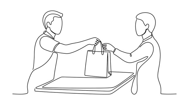 Minimalist Line Drawing of Customer Collecting Purchased Goods at Store