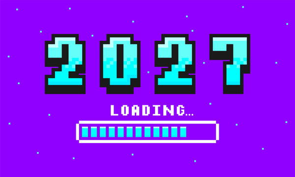 2027 pixel art banner for New Year. 2027 numbers in 8-bit retro games style and loading bar. Pixelated happy New Year and Merry Christmas holiday card or banner. Vector.