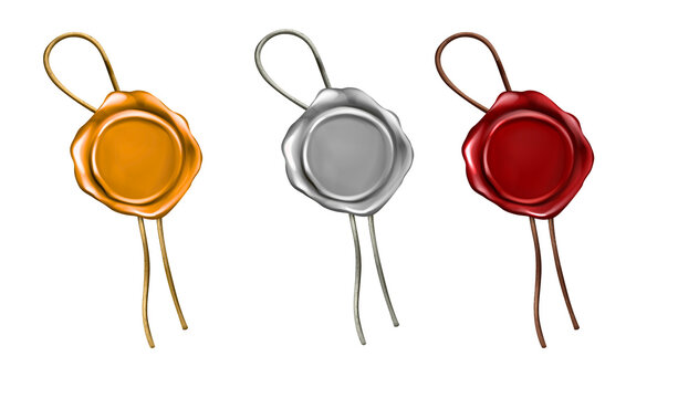 Hanging wax seals with string in gold, silver and red on transparent background, vintage sealing wax medallions for gift tags, wedding favors, invitations, certificates and luxury packaging