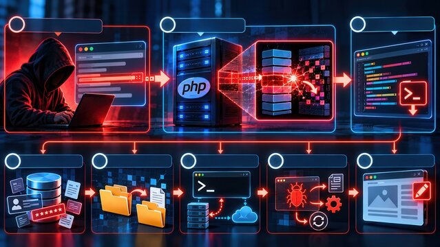Hacker targeting PHP server with digital attack flow diagram showing cyber intrusion, data breach, and code exploitation in