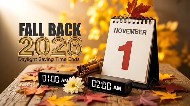 Fall Back 2026 Daylight Saving Time Ends on November 1 with Autumn Leaves, Calendar and Clocks