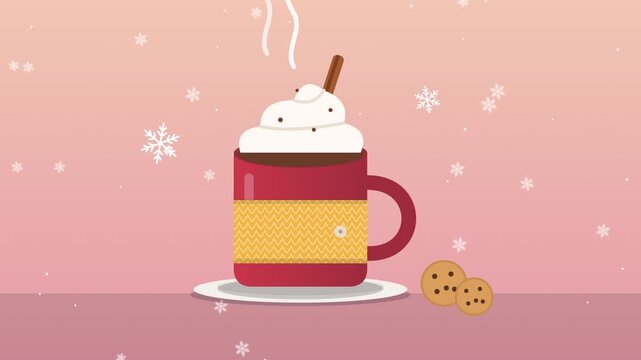 Cocoa Mug Knit Sleeve. Hot cocoa mug with whipped cream, knitted sleeve and rising steam, winter animation, seamless loop