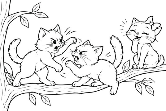 Two Cats Fighting While a Female Cat Laughs &ndash; Black and White Line Art