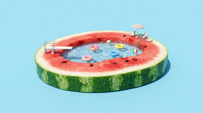Surreal watermelon slice swimming pool with tiny floats on blue