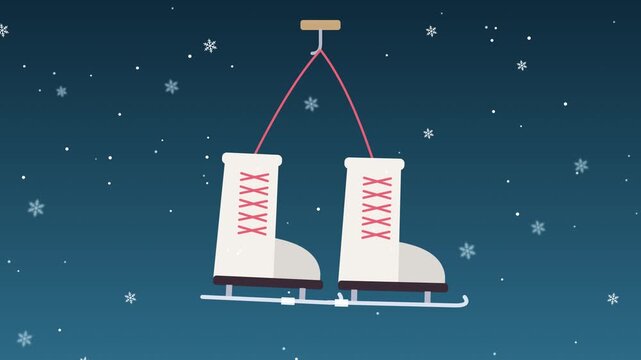 Hanging Ice Skates. Pair of ice skates hanging on a hook with shining blades, winter animation, seamless loop