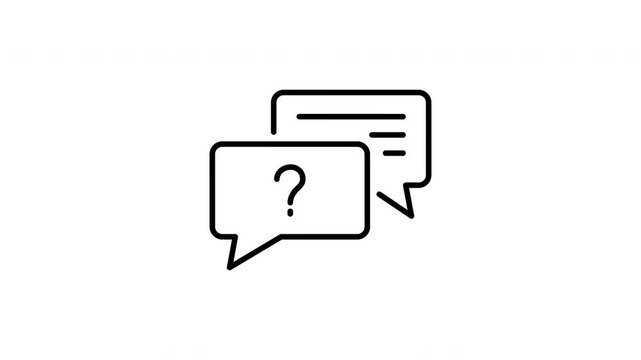 Two black speech bubbles with a question mark fade in on a transparent background. Simple icon animation suits communication and customer support interface presentations.