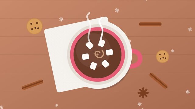 Cocoa Top View. Top view hot cocoa cup with rotating marshmallows and steam, winter animation, seamless loop