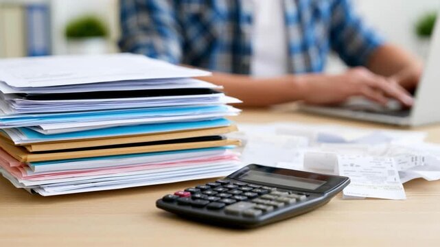 Messy Desk with Calculator and Tax Documents with Blurred Man Using Laptop for Tax Return