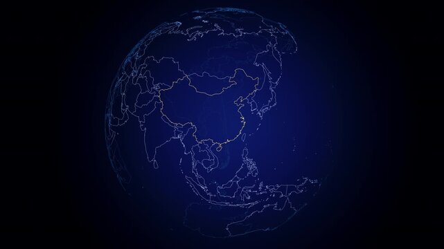 Outline of China highlighted in yellow on a futuristic digital globe with the other countries outlines in blue. Globe turning in a seamless loop. Gradient blue background.