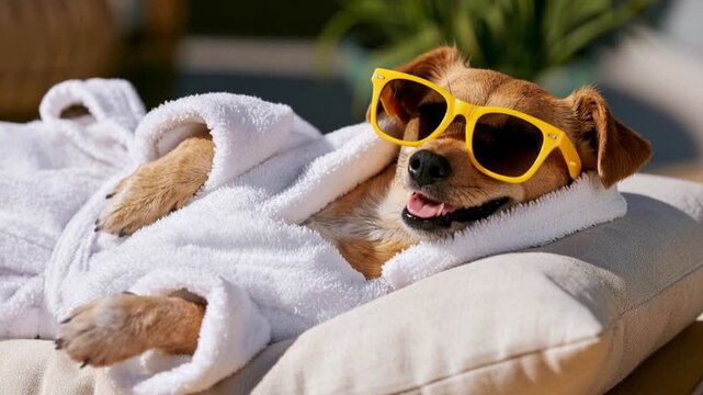 Small Dog Wearing Bathrobe and Sunglasses Relaxing at Sunny Spa