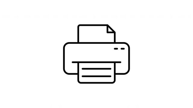 Black printer icon with a paper sheet fades in smoothly on a white transparent background. Fading in creates glowing light effects and visible depth.