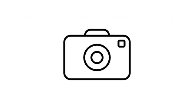 Black camera icon outlined in simple line art fades in smoothly on a transparent background. Flowing visual background for app icons and ui elements.