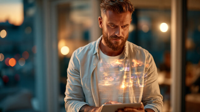 Bearded man studying a tablet with glowing virtual overlays