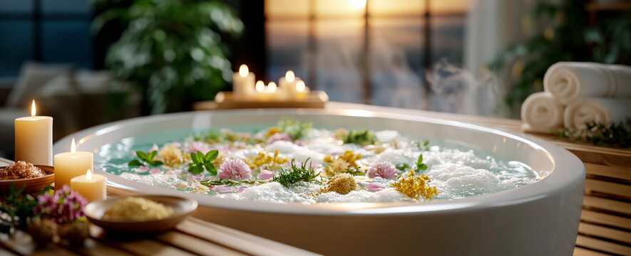 Flower filled spa bath surrounded by candles and rolled towels
