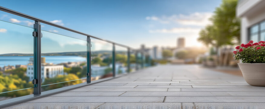 Long glass railed terrace with potted flowers and city view