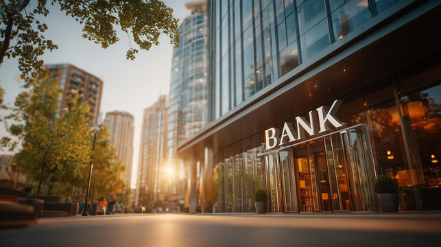 Bank entrance beneath large lettering on glass urban facade