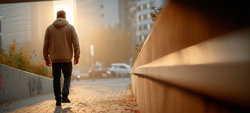 Man in beige hoodie walking along sunlit urban walkway